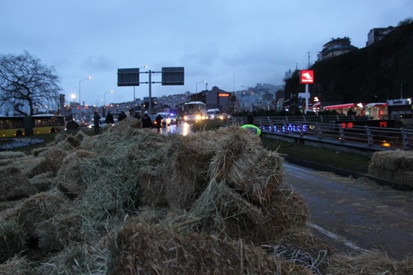 Trabzon'da saman yüklü kamyon devrildi 6