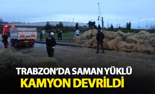 Trabzon'da saman yüklü kamyon devrildi 1