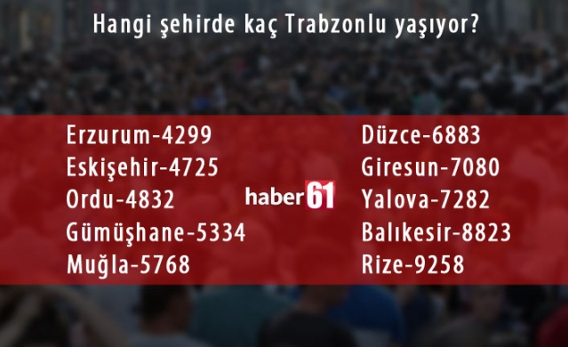 Trabzon'da hangi şehirden kaç kişi yaşıyor? 9