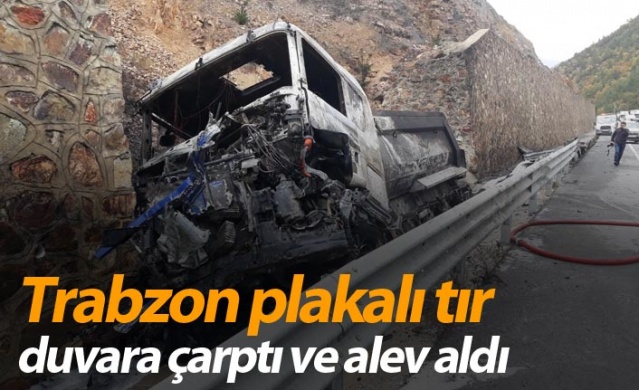Trabzon plakalı tır duvara çarptı alev aldı 1