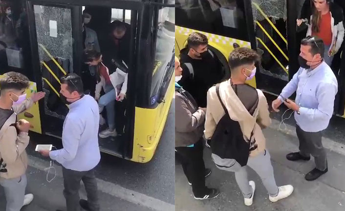 Çantası kapıya sıkışan yolcu öfkesini otobüsün camından çıkardı