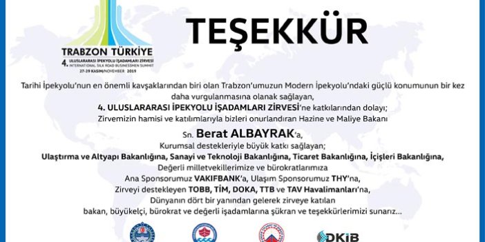 Trabzon 4. Uluslararası iş adamları zirvesi teşekkür