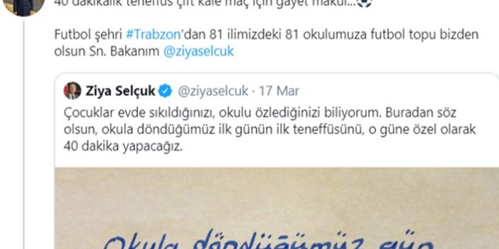 Bakan Selçuk'un "ilk teneffüs" twitine Trabzon'dan destek
