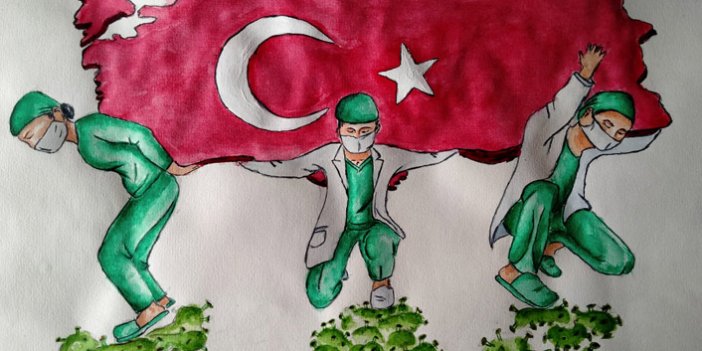 Liseli Melike, sağlıkçıları Türkiye'yi sırtlarken resmetti
