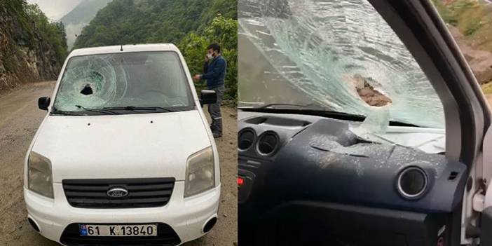 Trabzon’da aracın üzerine kaya parçası düştü