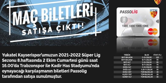 Kayserispor Trabzonspor maçının biletleri satışta