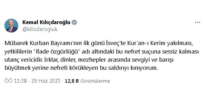 CHP lideri Kılıçdaroğlu'ndan Kur'an-ı Kerim yakılmasına kınama