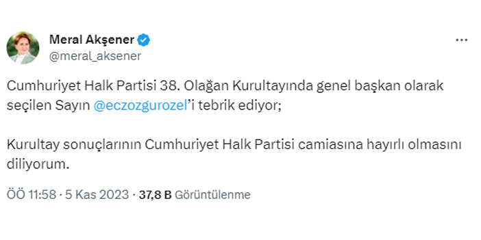 CHP'nin yeni lideri Özel'e Akşener ve Babacan'dan tebrik