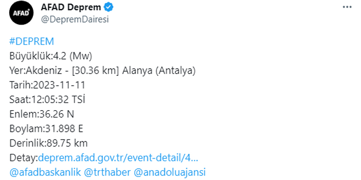 AFAD açıkladı! Antalya açıklarında 4.2 büyüklüğünde deprem