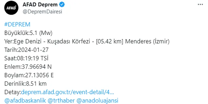 AFAD yayımladı! Ege Denizi’nde 5.1 büyüklüğünde deprem