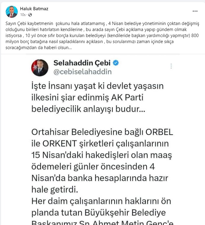 CHP Ortahisar İlçe Başkanı Haluk Batmaz'dan, Çebi'ye yanıt geldi! "Kaybetmenin şokunu hala atlatamamış" 