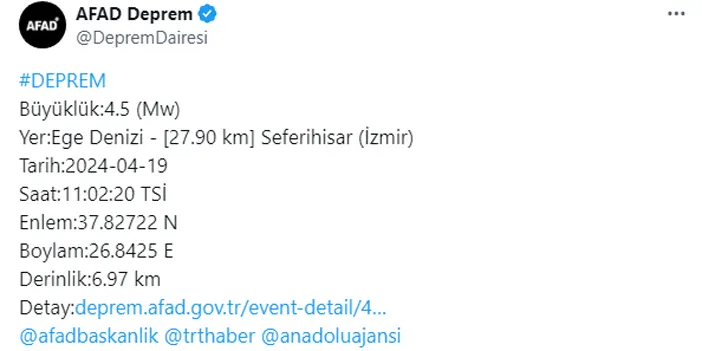 AFAD açıkladı! İzmir açıklarında deprem