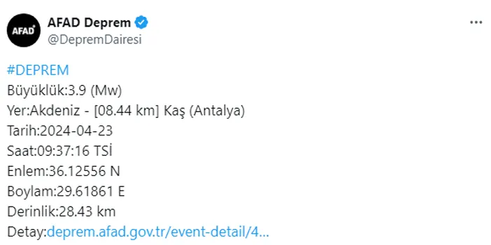 AFAD açıkladı! Antalya açıklarında deprem