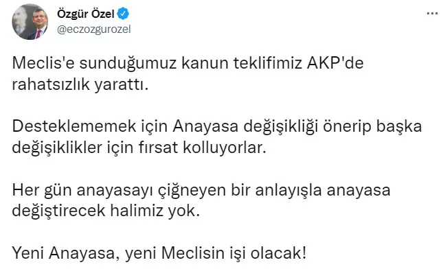 Erdoğan’ın “Anayasa değiştirelim” çağrısına CHP’den ilk tepki