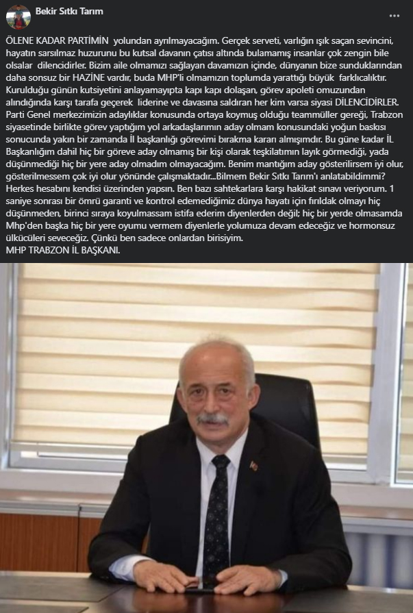 Trabzon’da MHP İl Başkanı Bekri Sıtkı Tarım görevi bırakıyor