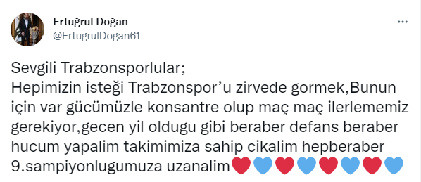 Ertuğrul Doğan’dan çağrı; “Hepimizin isteği Trabzonspor’u zirvede görmek”