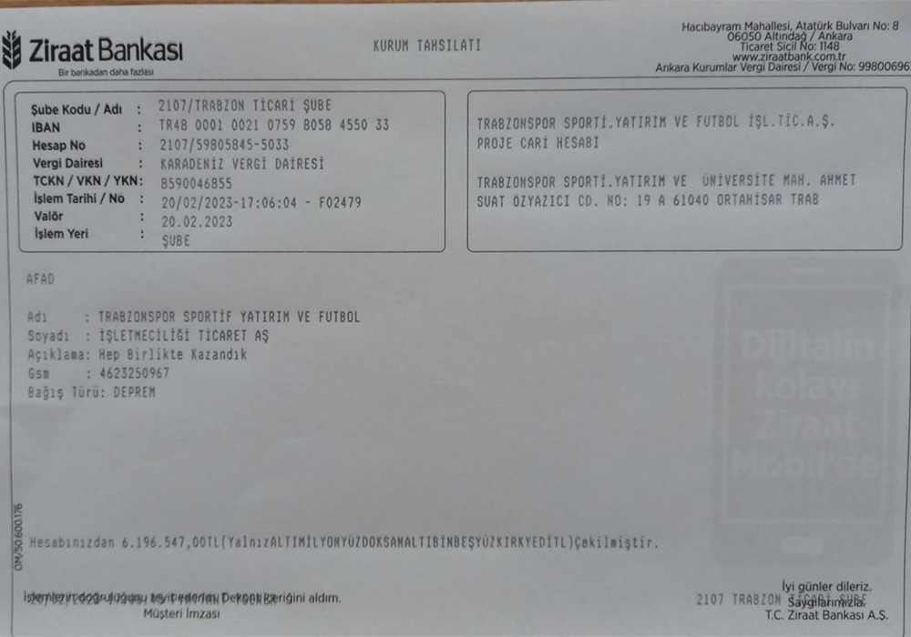 Trabzonspor’un Basel maçı bilet gelirleri AFAD’a aktarıldı!