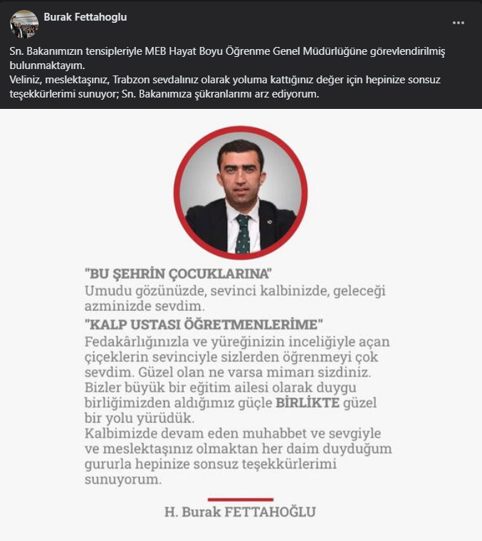 Trabzon Milli Eğitim Müdürü Burak Fettahoğlu Trabzon’a böyle veda etti