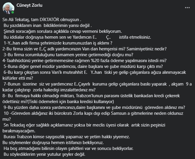 Trabzon’da CHP’li meclis üyesi Cüneyt Zorlu’dan flaş iddia! “Diktatör olmuşsun” dedi ve 10 soru yöneltti