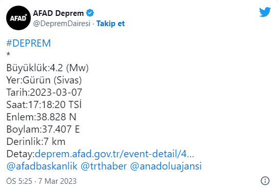 Sivas'ta 4,2 büyüklüğünde deprem!