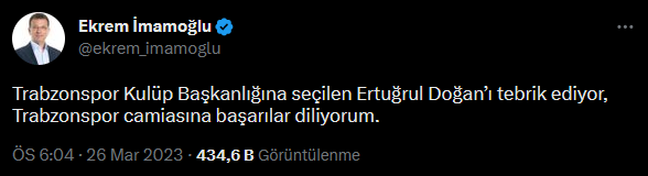 Ekrem İmamoğlu’ndan Trabzonspor’un yeni Başkanı Doğan’a tebrik!